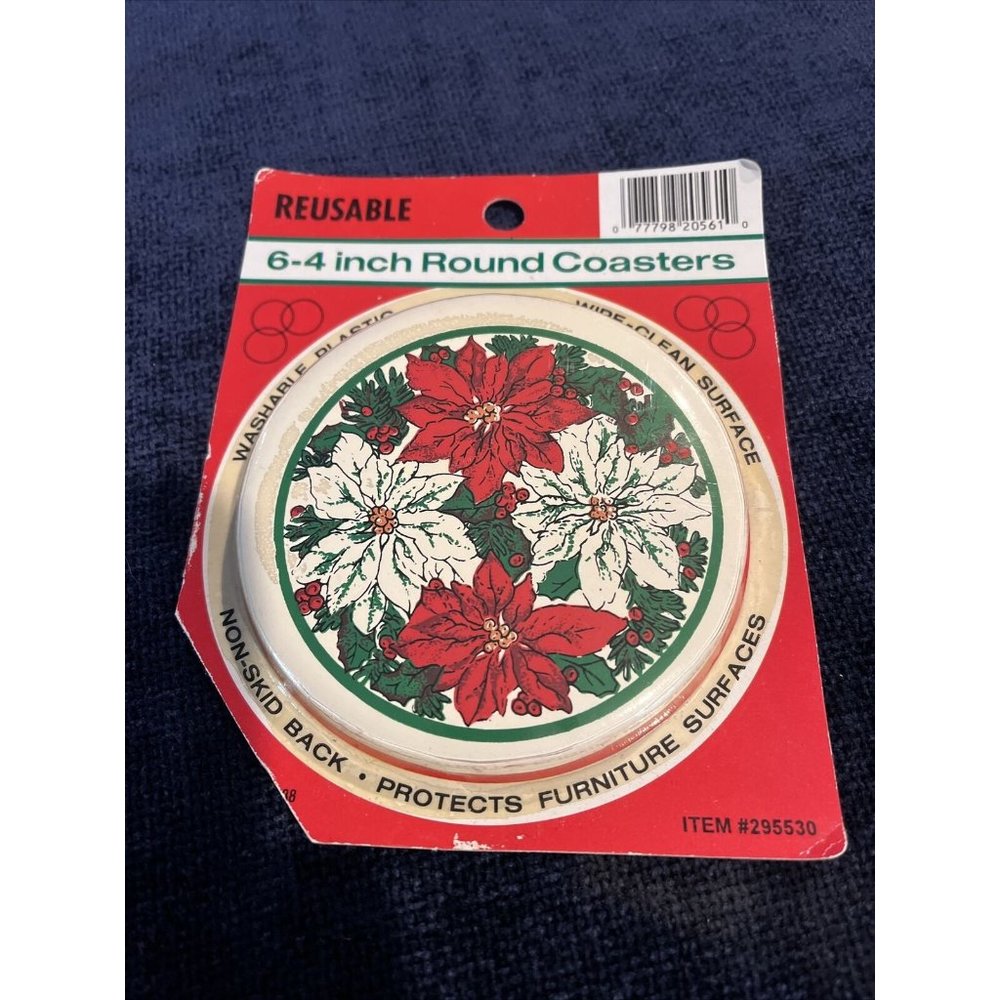 VINTAGE CHRISTMAS DRINK COASTERS POINSETTIAS REUSABLE 6-4 INCH - NEW
